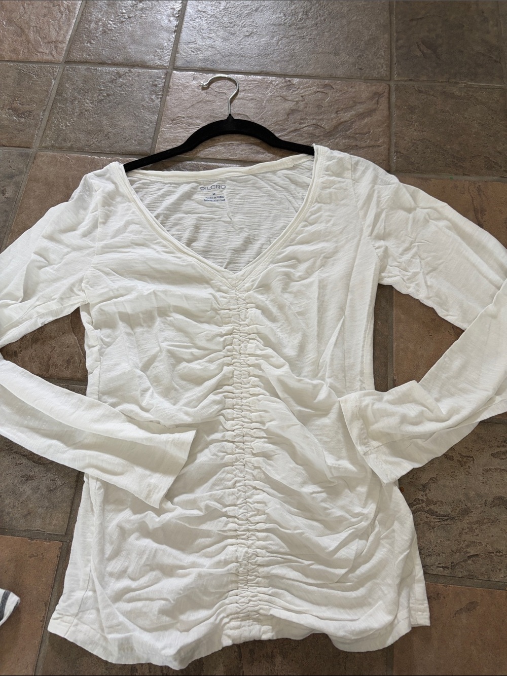 Pilcro White Ruched V-Neck Long Sleeve Top